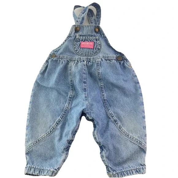Oshkosh B'Gosh Vintage Infant Girls Light Wash Denim Baggy Overalls Jeans 18 Mon