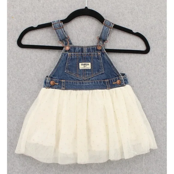 OshKosh Bgosh Baby‎ Girls 18M Denim Tulle Tutu Overall Dress Blue Cream Gold Dot
