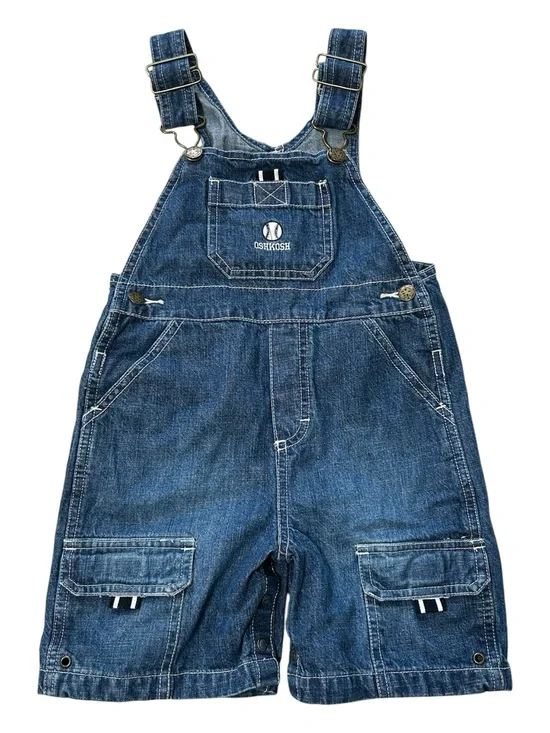 OshKosh B'gosh Dark Blue Denim Short Overalls for Kids. Embroidered baseball.