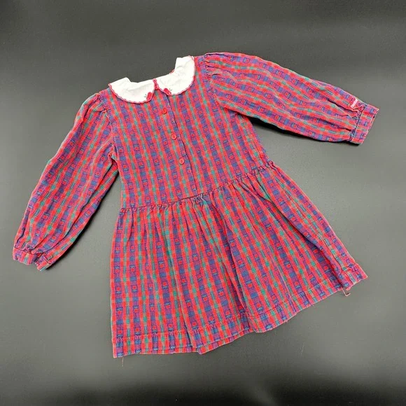 OshKosh B'gosh Plaid Apple Dress Long Sleeve Collared Button Front Drop‎ Waist