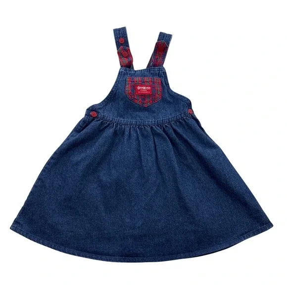 Vintage OshKosh B'gosh 2T Denim Jumper Dress Plaid Bow USA Made Toddler Girl
