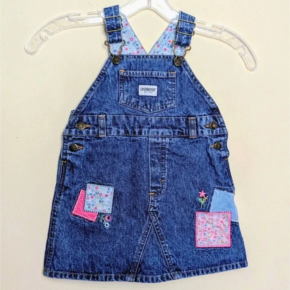 Oshkosh B'gosh Girls Vintage Y2K Denim Patchwork Bib Overalls Jumper Size 2T