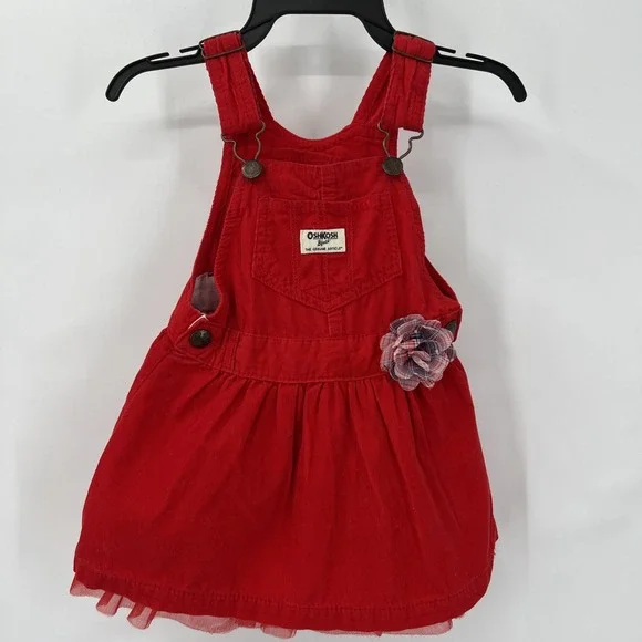 OshKosh B'gosh‎ Vestbak Girls 2T Red Corduroy Overall Jumper Dress Tulle Plaid