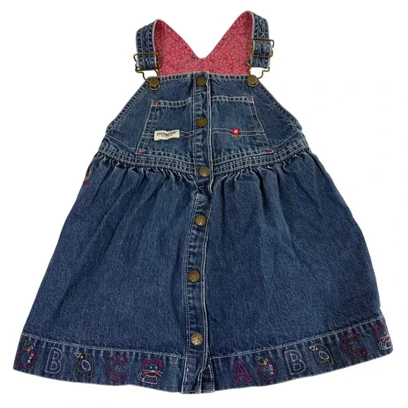 OshKosh B'gosh Kids Denim Overalls Dress ABC Embroidered Flower‎ Cute Size 2T