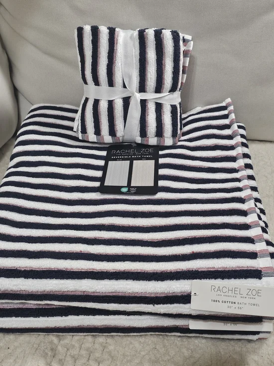 Rachel Zoe Bath 2 Towels Reversible Navy, White Red Striped Cotton & 4 wash clot