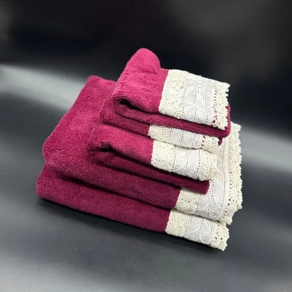 Vintage Towel Set 1990s Burgundy Lace Trim Bath Towels Hand Towel Washcloths