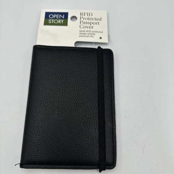 Open Story Passport Cover RFID Protection Black Faux Leather Air Travel Security