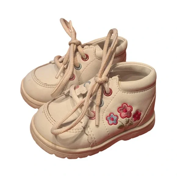 Y2K Baby Smart White Floral Embroidered High Top First Walker Shoes Pink Size 3