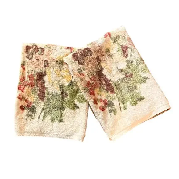 Vintage 70s 80s Cannon Royal Family Bath Towels Pink Floral Cream Green Cottage