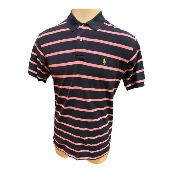 Ralph Lauren Polo Mens Large Navy Pink Striped Shirt 100% Cotton Preppy Classic