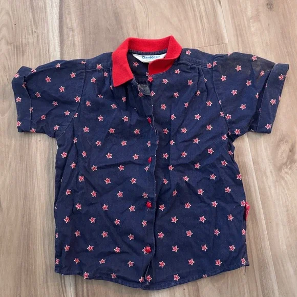 Vtg OshKosh B'gosh Kids Blue Red Star Print Button Down Shirt Size 6‎ in USA t2