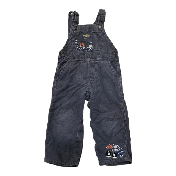 OshKosh B'gosh Vintage Gray Corduroy Overalls with Penguin Embroidery 24 Months