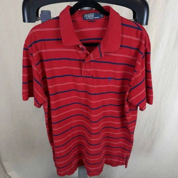 Polo Ralph Lauren Men's Polo Shirt XL Red W/ Blue Stripe Short Sleeve Classic