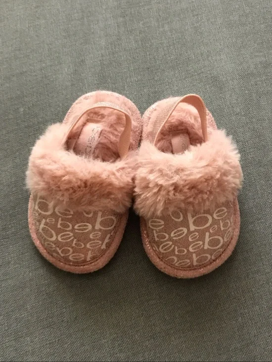 BEBE Blush Pink Fuzzy Logo Toddler Slip-Ons