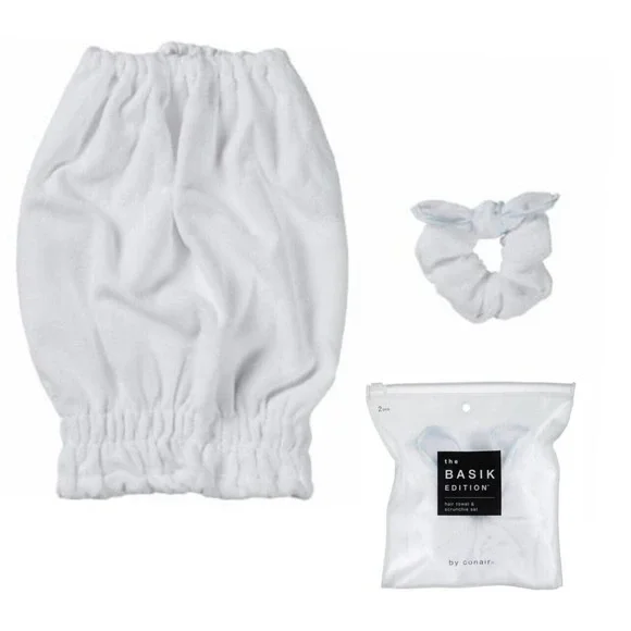 Conair Hair Towel and Scrunchie Set Basik Edition White Microfiber