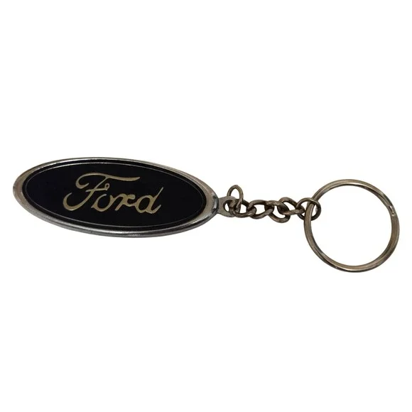 Ford Racing Oval Logo Keychain‎ Black Enamel Silver Tone Metal