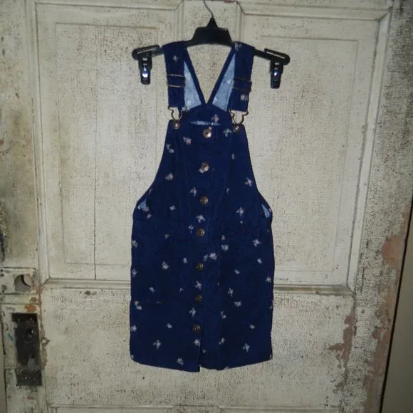 Vintage OshKosh Bgosh Corduroy Floral Blue Overall Dress Size 7 (H-14)