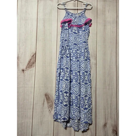 OshKosh B'gosh Girls Blue Ikat High-Low Maxi Dress Pink Trim Size 8‎ Summer