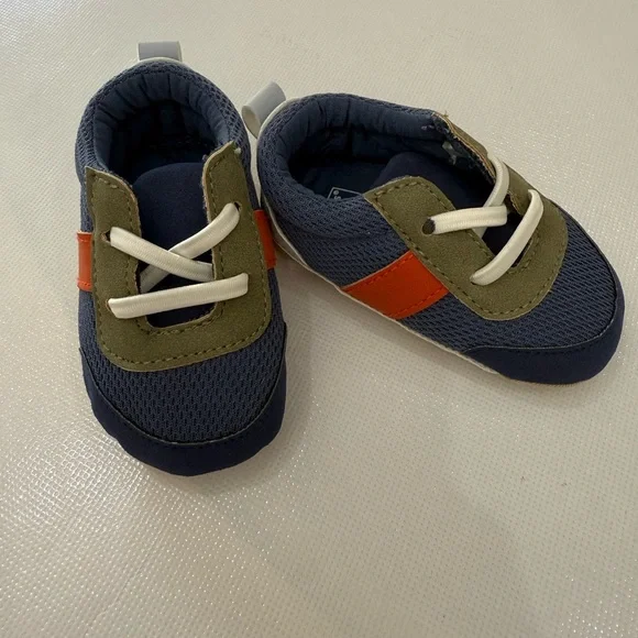 NWOT Carter's Navy and Olive Baby Shoes with Orange Accent 0-3 months