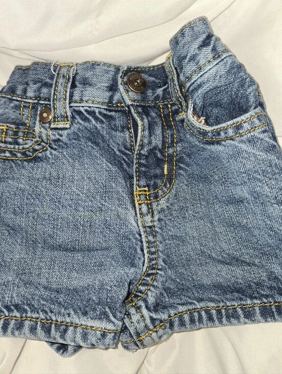 OshKosh B'gosh Baby Girl 6 Months Blue Denim Shorts with Yellow Stitching