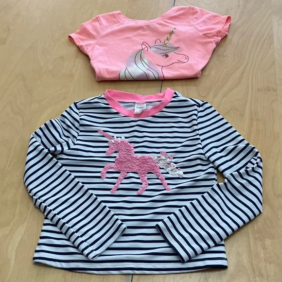 OshKosh B'gosh Pink Unicorn and Navy Striped Top size 5 plus Unicorn t-shirt‎