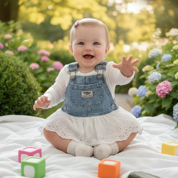 ⭐ Oshkosh Bgosh Denim & Eyelet Overall Dress Size 6 Months