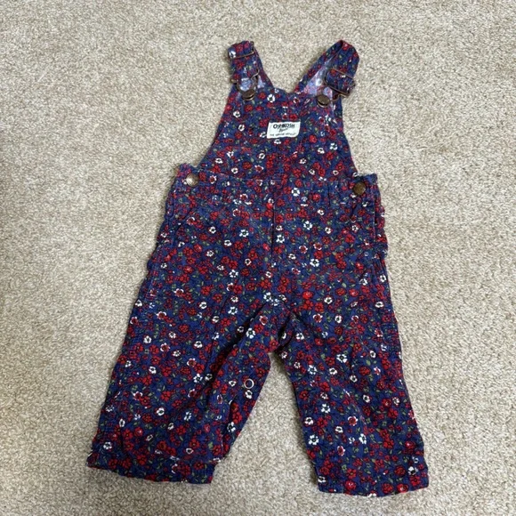 Oshkosh B'Gosh Floral Corduroy Snap Down Blue Red Poppies Spring Summer 6 Months