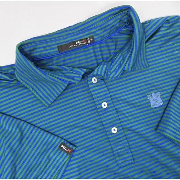 Ralph Lauren RXL Polo‎ Shirt Mens 2XL Golf Blue/Green Striped Casual Preppy