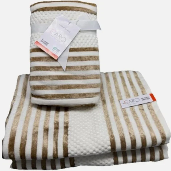 4pc Caro Gold Stripes 2 Bath 2 Hand Towel Set Luxury Velour Soft Cream Cotton