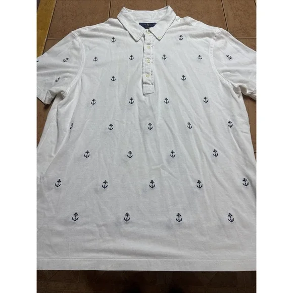 Ralph Lauren Shirt Men Sz XL White Knit Oxford Golf Collar Anchor Nautical Polo‎