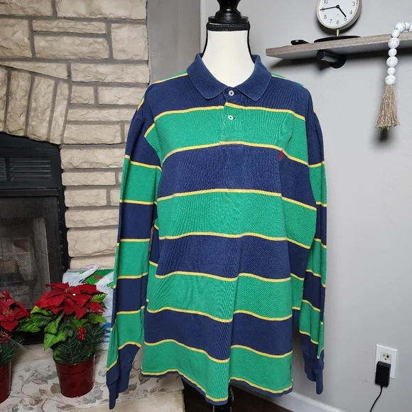 Vintage Ralph Lauren Striped Polo in Green, Blue, and Yellow Size XXL