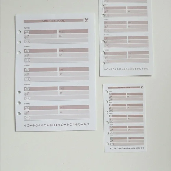 LV Agenda Address Sheets for A5, A6, A7 Book Pages