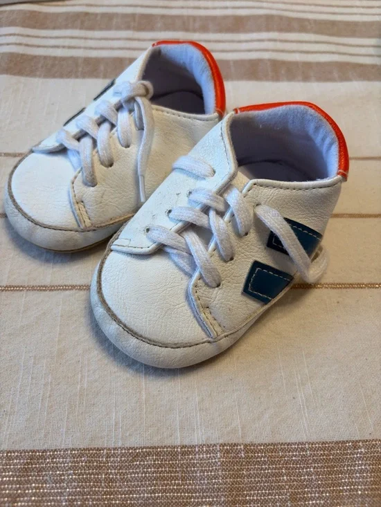 Kids White Leather Sneaker with Blue Accents