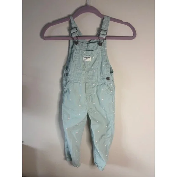 OshKosh Bgosh Kids Light Blue Pink Heart Print Vestbak Bib Overalls