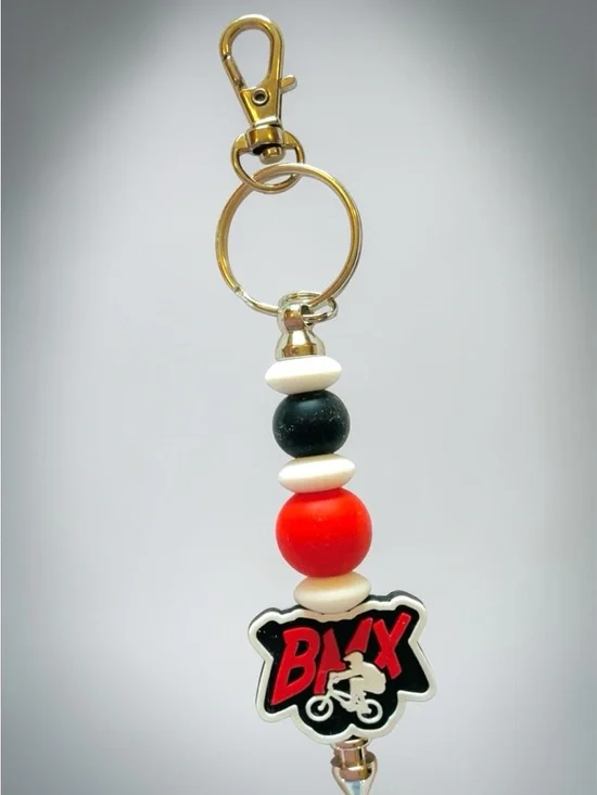 BMX Red Black Beaded Keychain, bag charm, toggle handmade
