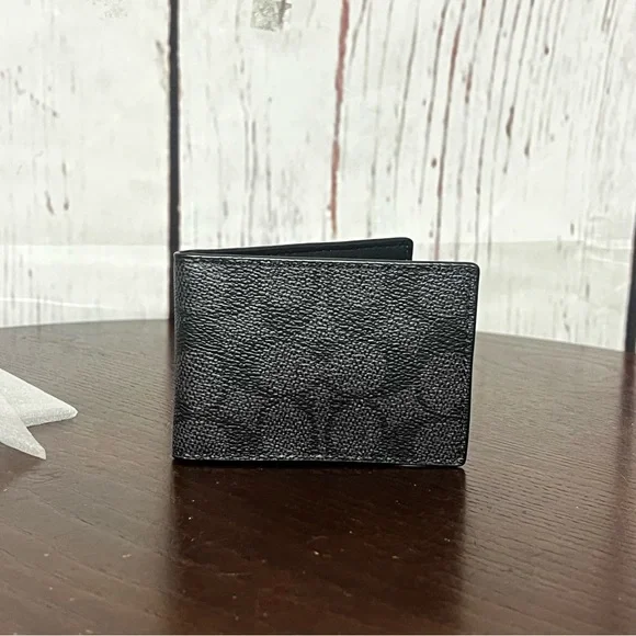 Coach Compact Billfold Wallet In Signature Canvas charcoal/black