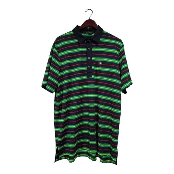 Ralph Lauren Mens Green Navy Striped Polo Shirt Size XL Collared Buttons