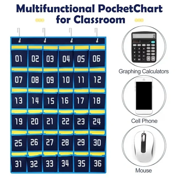 36 Numbered pockets Hanging Organizer for Classroom. 1 Package of 6 ea.Brand New