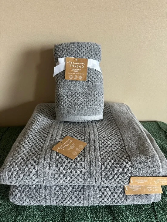 Common Thread Bamboo Bath & Hand Towels Zero Twist Gray NEW!