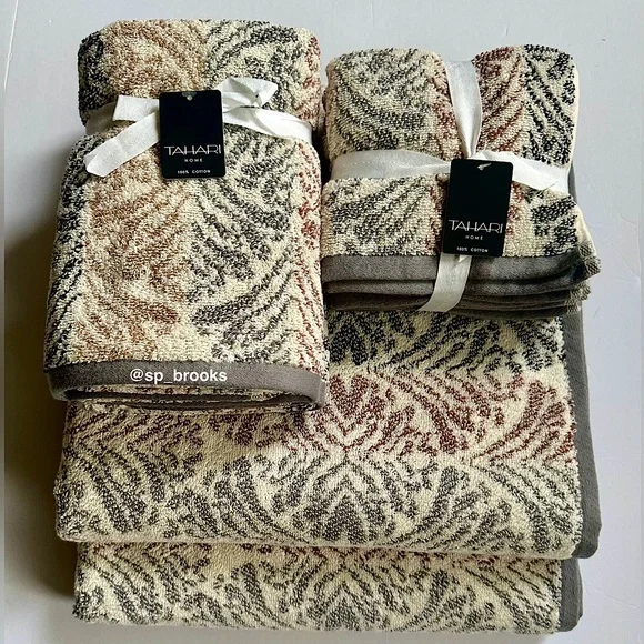 🎁8PC Tahari Bath Towel Set - Multi Decorative Cotton Towels - COCOA/CHAL