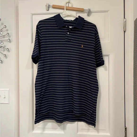 Vintage Polo Ralph Lauren Short‎ Sleeve Polo Shirt Navy Striped Soft cotton Golf