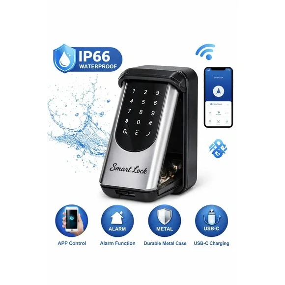 Smart Bluetooth Key Lock Box IP66 Waterproof App Control Alarm Metal Safe NISB