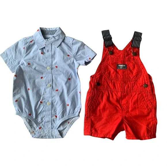 OshKosh B'gosh Red Short‎ Overalls Size 9M Watermelon Print Button Down Bodysuit