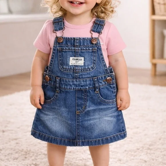 OshKosh Bgosh Baby 12M Blue Jean Denim Overall Dress‎ Jumper Dress Vestbak