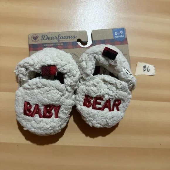 Dearfoams Baby Bear Slippers 6-9 Months White Red Soft Indoor Shoes New