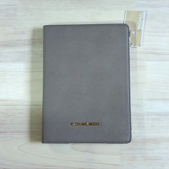 NWT Michael Kors Saffiano Leather Gray iPad/Tablet Case With Gold tone logo