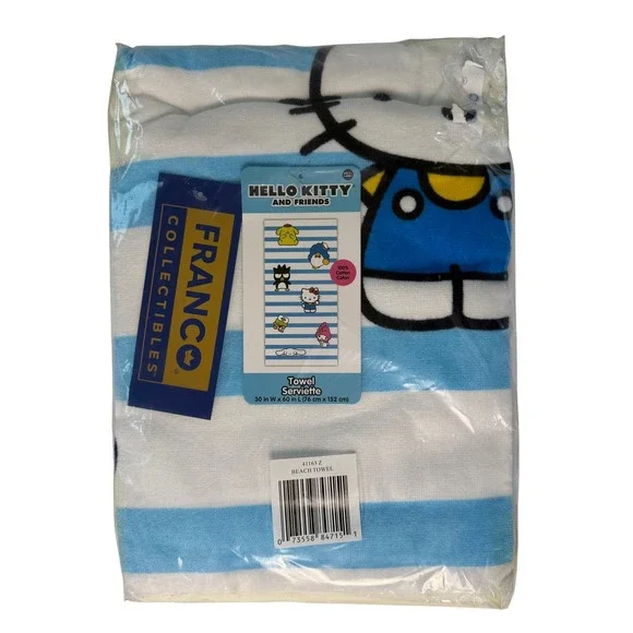 Sanrio Hello Kitty and Friends Blue Striped Cotton Beach Towel 30x60 New