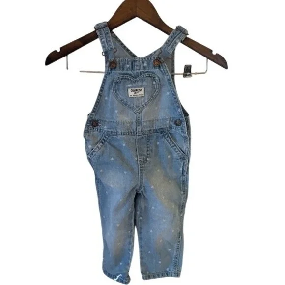 OshKosh B'gosh Girls Blue Denim Heart Print Overalls 2T Heart Pocket Light Wash