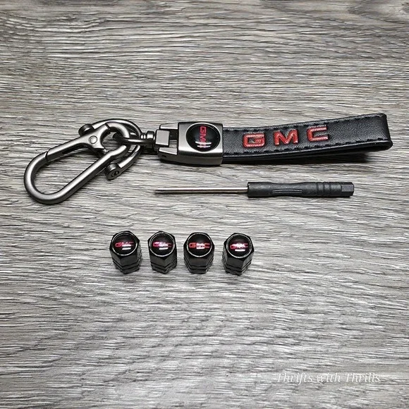GMC Black And Red Keychain - Key Fob Holder With 4 Valve Caps - New