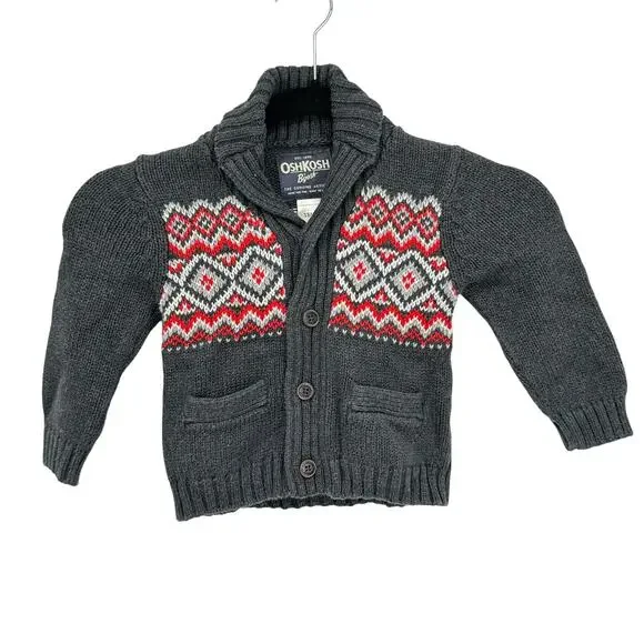 OshKosh Boys Cardigan 18M Sweater Gray Fair Isle Winter Cottagecore Preppy‎